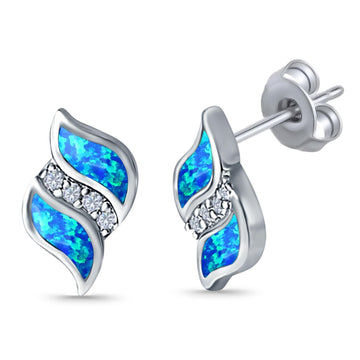 Stud Earring Lab Created Blue Opal Simulated CZ 925 Sterling Silver (14mm)